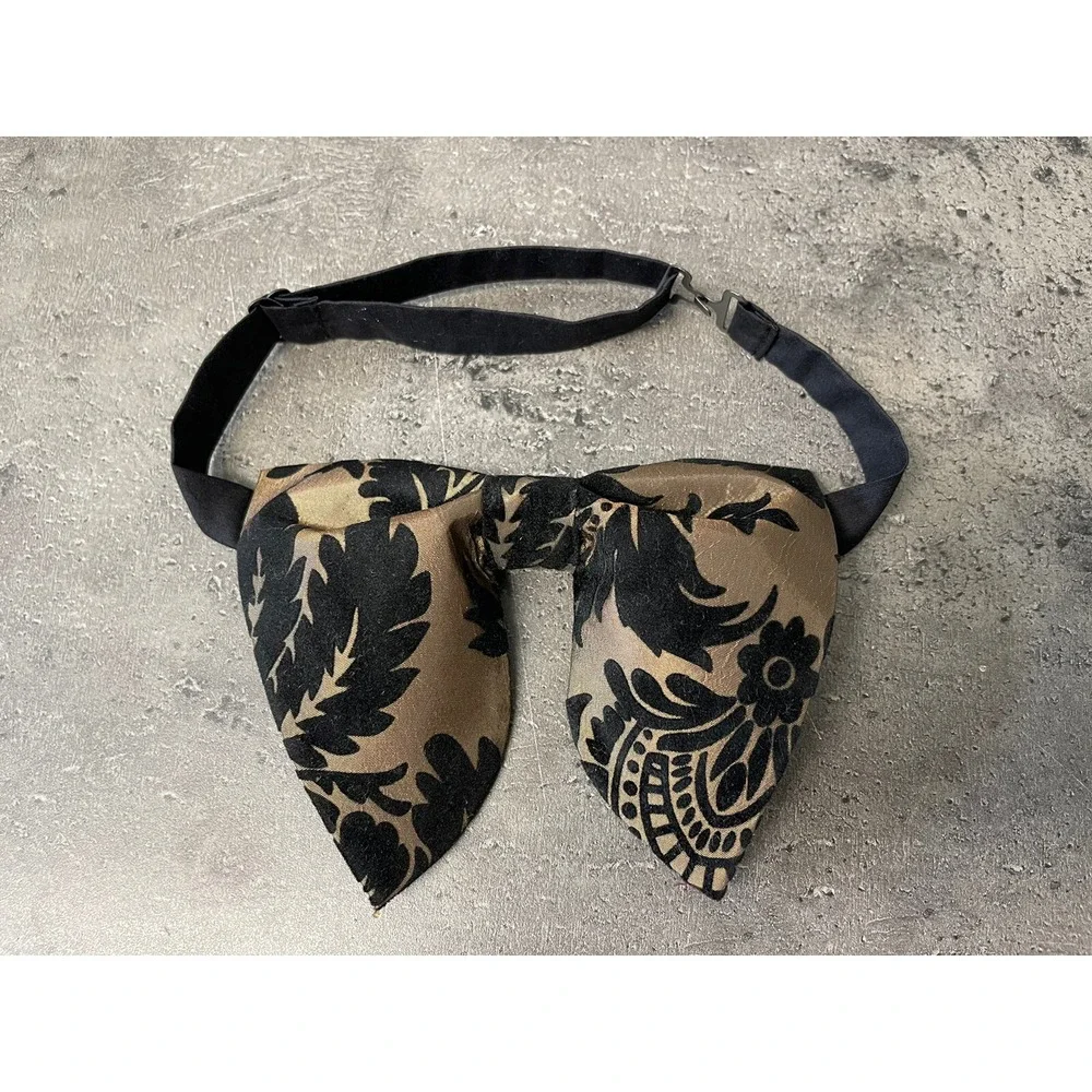 Handmade Oversized Black Brocade Bow tie Vintage style 70`s Wedding Prom